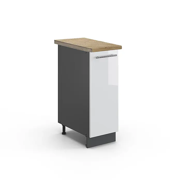 Vicco Schrankküche Fame-Line Weiß Hochglanz, AP Eiche - Weiß Hochglanz, Apothekerunterschrank 30 cm, AP Eiche - Küchenunterschrank mit Holzplatte, dunkelgrauen Seiten und einer weißen Hochglanz-Schubladenfront mit silbernem Griff.