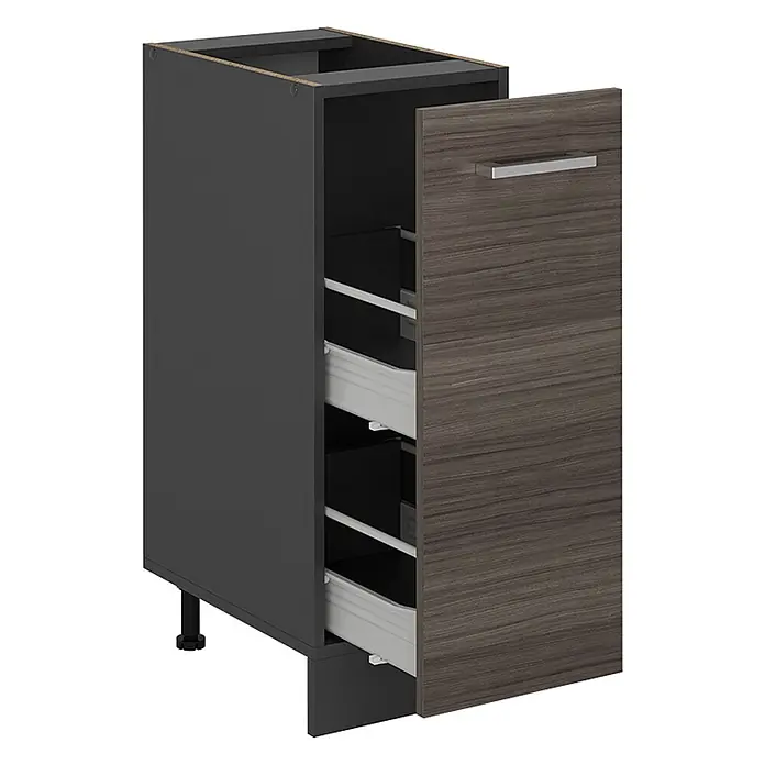 Vicco Schrankküche R-Line Edelgrau, AP Eiche - Edelgrau, Apothekerunterschrank 30 cm, AP Eiche - Dunkelgrauer Küchenunterschrank mit zwei Auszügen und dunkler Holzmaserungsfront, ein Auszug teilweise geöffnet.