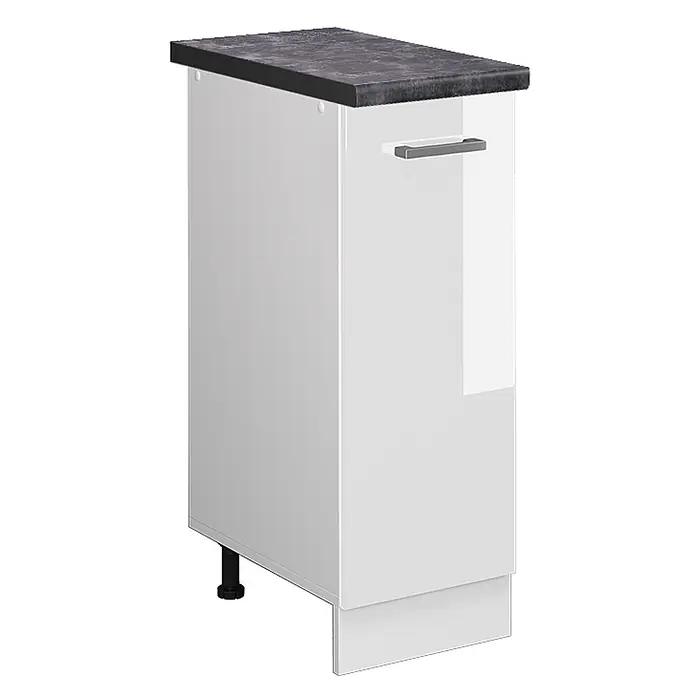 Vicco Schrankküche R-Line Weiß Hochglanz, AP Anthrazit - Weiß Hochglanz, Apothekerunterschrank 30 cm, AP Anthrazit - Weißer Küchenunterschrank mit dunkelgrauer Arbeitsplatte, silbernem Griff und Sockelblende.