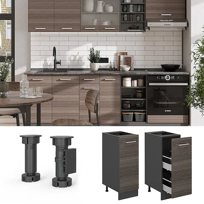 Vicco Schrankküche R-Line Edelgrau, AP Eiche - Edelgrau, Apothekerunterschrank 30 cm, AP Eiche - Moderne Küche mit Holzmaserungsschränken und integrierten Geräten. Details: verstellbare Schrankfüße und Unterschrank mit Schubladen.