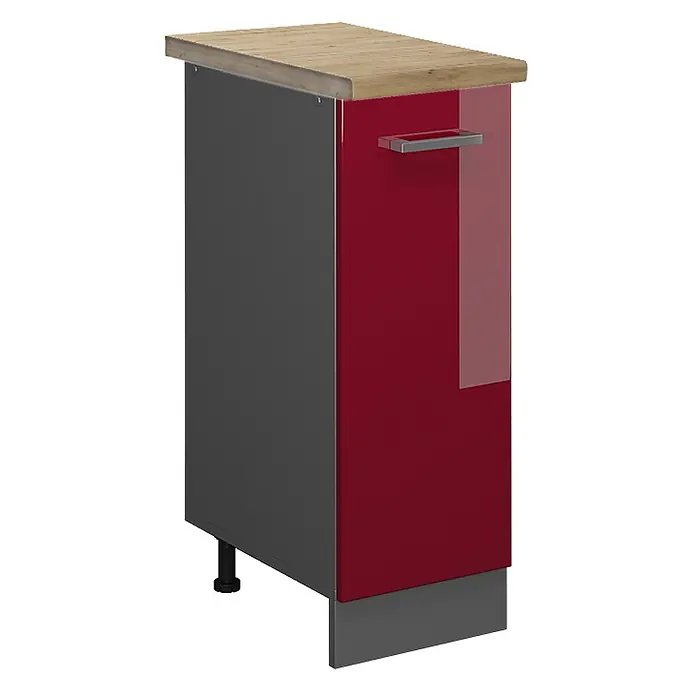 Vicco Schrankküche R-Line Rot Hochglanz, AP Eiche - Rot Hochglanz, Apothekerunterschrank 30 cm, AP Eiche - Kompakter Küchenunterschrank mit hochglänzender roter Tür, heller Holzplatte und dunkelgrauem Rahmen.