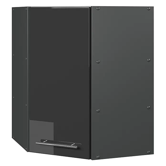 Vicco Schrankküche Fame-Line Anthrazit Hochglanz - Breite: 57 cm, Anthrazit Hochglanz, Eckhängeschrank 57 cm - Anthrazitfarbener Eck-Hängeschrank mit glänzender Tür, matten Seitenpaneelen und silbernem Griff.