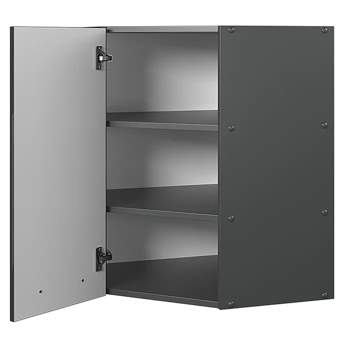Vicco Schrankküche Fame-Line Anthrazit Hochglanz - Breite: 57 cm, Anthrazit Hochglanz, Eckhängeschrank 57 cm - Dunkelgrauer Metallschrank mit offener hellgrauer Tür und drei Einlegeböden.