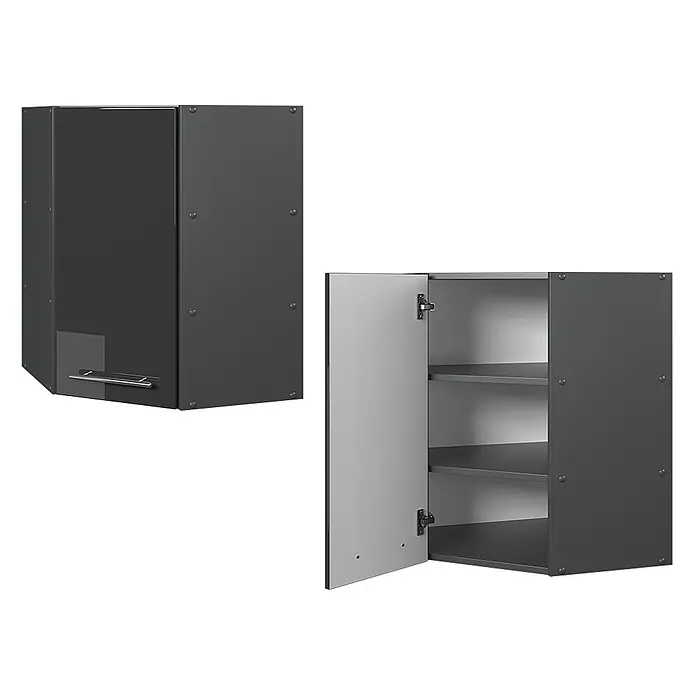 Vicco Schrankküche Fame-Line Anthrazit Hochglanz - Breite: 57 cm, Anthrazit Hochglanz, Eckhängeschrank 57 cm - Dunkelgrauer Wandschrank mit glänzender Tür und offener Ansicht mit zwei hellgrauen Einlegeböden.