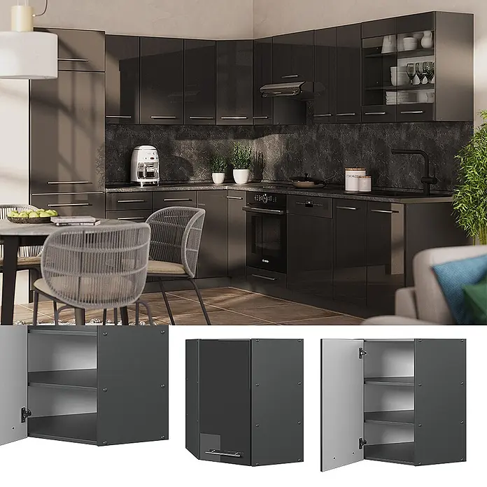 Vicco Schrankküche Fame-Line Anthrazit Hochglanz - Anthrazit Hochglanz, Eckhängeschrank 57 cm - Moderne L-förmige Küche mit anthrazitfarbenen Hochglanz-Modulschränken, integrierten Geräten und passender Arbeitsplatte.
