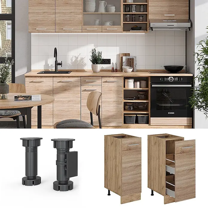 Vicco Schrankküche R-Line Sonoma, AP Anthrazit - Sonoma, Apothekerunterschrank 30 cm, AP Anthrazit - Moderne Küche aus hellem Holz mit verstellbaren schwarzen Füßen, schmalem Apothekerschrank und integriertem Backofen.