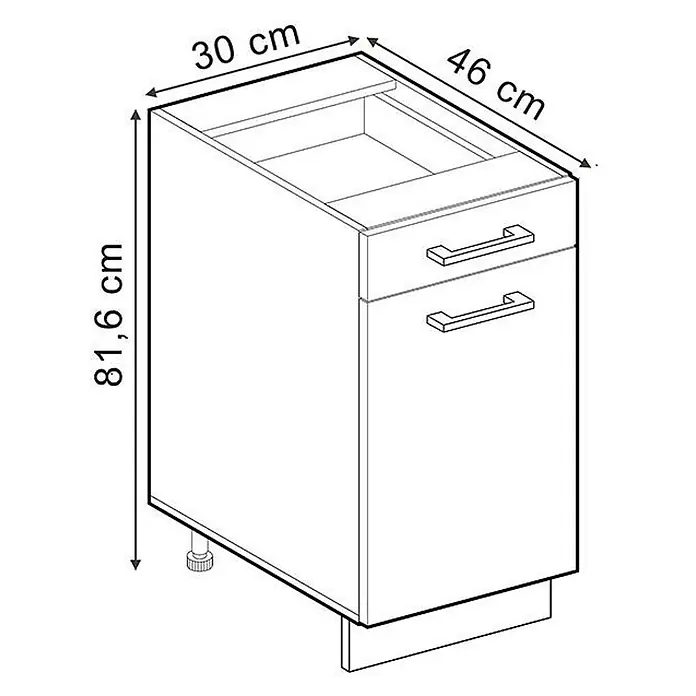Vicco Schrankküche R-Line Edelgrau, AP Eiche - Edelgrau, Apothekerunterschrank 30 cm, AP Eiche - Küchenunterschrank mit Schublade und Tür, 30 cm breit, 46 cm tief, 81,6 cm hoch.