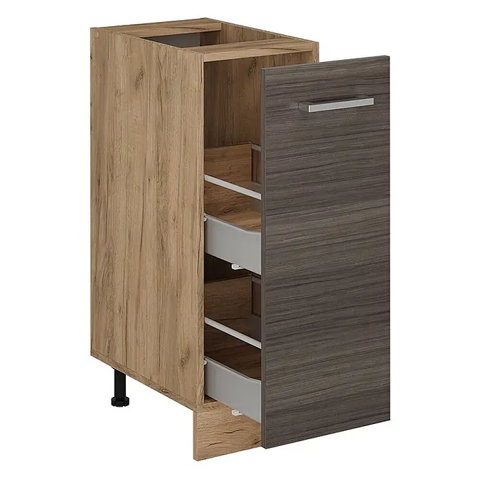 Vicco Schrankküche R-Line Edelgrau, AP Eiche - Edelgrau, Apothekerunterschrank 30 cm, AP Eiche - Zweifarbiger Küchenunterschrank mit hellem Holzrahmen und dunklem Holzauszugsschrank mit grauen Schubladen und silbernem Griff, teilweise geöffnet.
