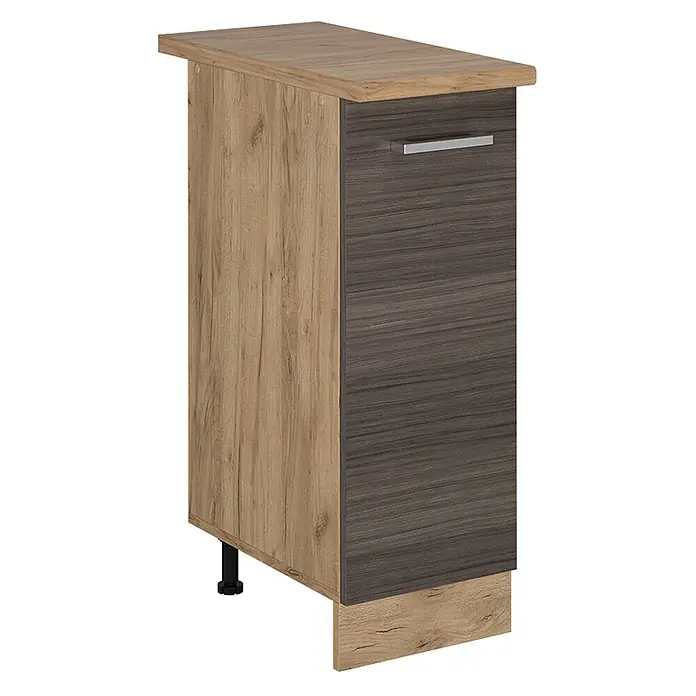 Vicco Schrankküche R-Line Edelgrau, AP Eiche - Edelgrau, Apothekerunterschrank 30 cm, AP Eiche - Zweifarbiger Küchenunterschrank mit heller Holz-Optik Platte/Seite, dunkler Holz-Optik Schublade/Tür, silbernem Griff, verstellbarem Fuß und Sockelblende.
