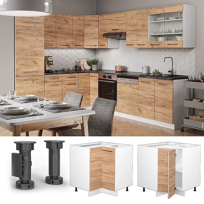 Vicco Schrankküche Fame-Line Goldkraft Eiche ohne Arbeitsplatte - Goldkraft Eiche, Eckunterschrank - Moderne Küche mit Holzoptik-Schränken und weißen Sockeln, inklusive Eckschrank und verstellbaren Füßen.