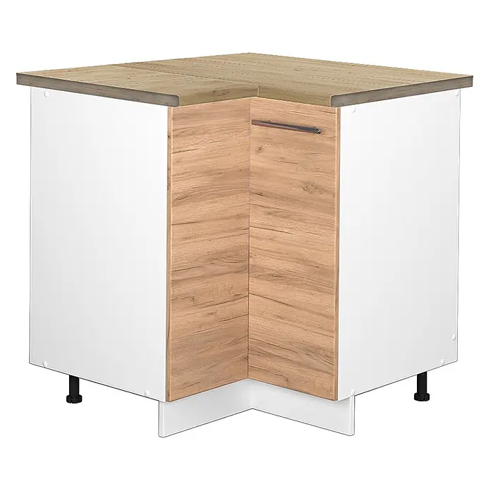 Vicco Schrankküche Fame-Line Goldkraft Eiche, AP Eiche - Goldkraft Eiche, Eckunterschrank, AP Eiche - Eckunterschrank Küche mit heller Holzdekor-Arbeitsplatte und Türen, weißen Seitenwänden und Metallgriff.
