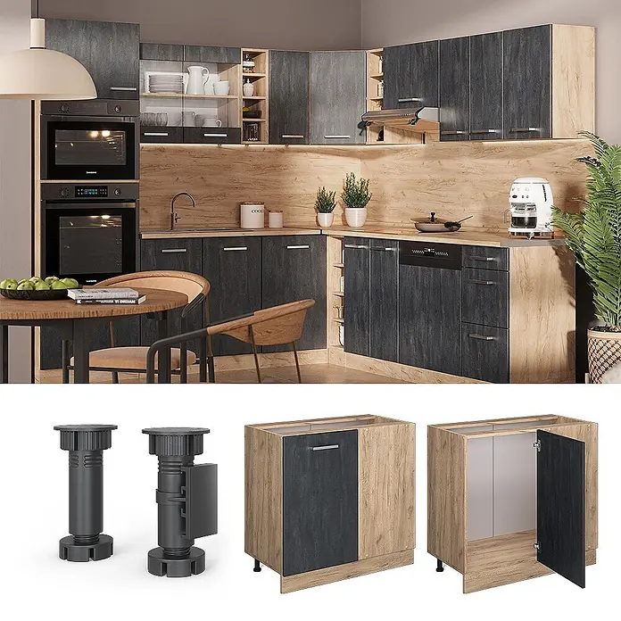 Vicco Schrankküche R-Line Schwarz Beton, AP Anthrazit - Schwarz Beton, Eckunterschrank 86 cm, AP Anthrazit - Modulares Küchensystem mit dunkelgrauen Strukturtüren und hellen Holzplatten, verstellbaren Schrankfüßen und Unterschränken.