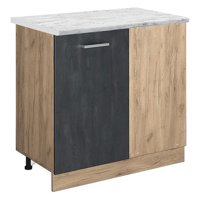 Vicco Schrankküche R-Line Schwarz Beton AP Marmor - Schwarz Beton, Eckunterschrank 86 cm, AP Marmor - Küchenunterschrank mit weißer Marmor-Arbeitsplatte, hellem Holzdekor und dunkelgrauer Betonoptik-Tür mit Griff.