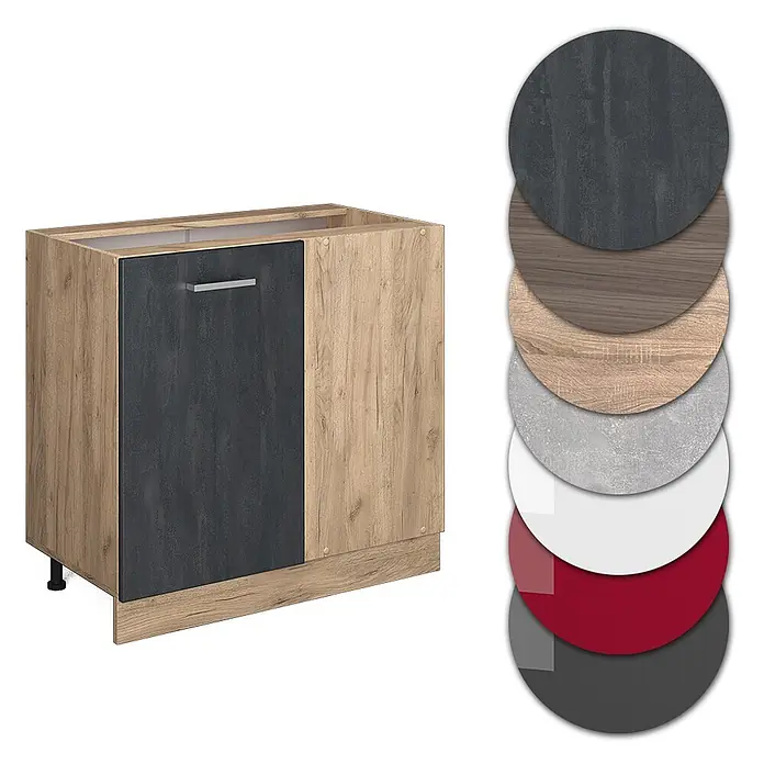 Vicco Schrankküche R-Line Schwarz Beton, AP Anthrazit - Schwarz Beton, Eckunterschrank 86 cm, AP Anthrazit - Küchenunterschrank, helle Holzoptik mit dunkler Strukturfront, und ein Stapel Materialmuster.