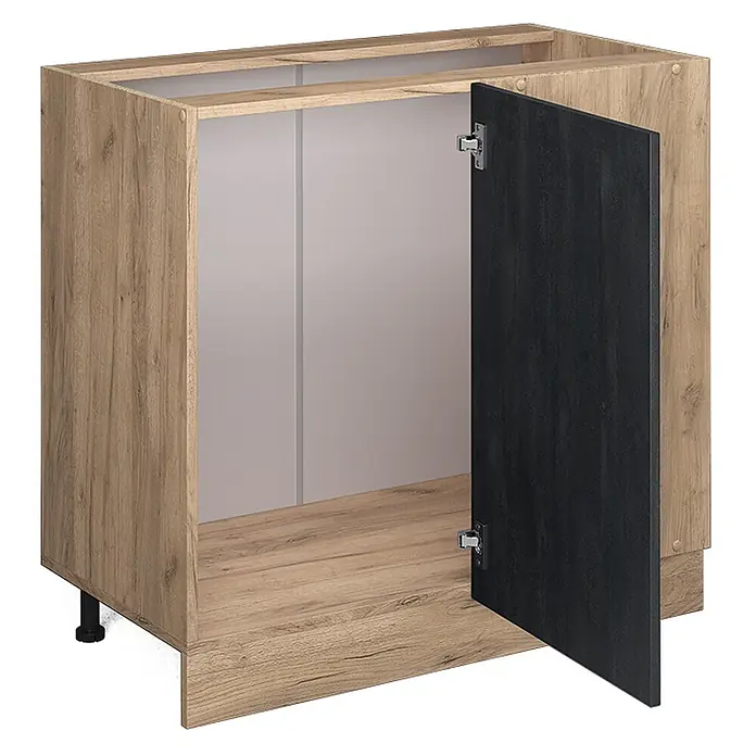 Vicco Schrankküche R-Line Schwarz Beton, AP Anthrazit - Schwarz Beton, Eckunterschrank 86 cm, AP Anthrazit - Eichenholz-Effekt-Unterschrank mit einer schwarzen Tür und verstellbaren Füßen.