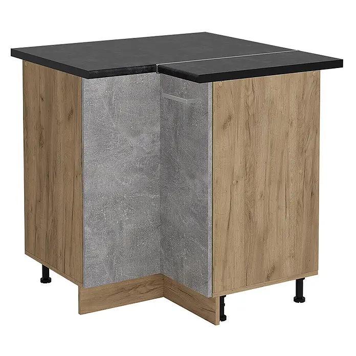 Vicco Schrankküche R-Line Beton, AP Anthrazit - Beton, Eckunterschrank, AP Anthrazit - Eckunterschrank für Küche mit schwarzer Arbeitsplatte, hellen Holzseiten und grauen Betonoptik-Paneelen.