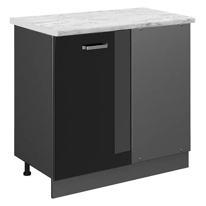 Vicco Schrankküche R-Line Schwarz Hochglanz AP Marmor - Schwarz Hochglanz, Eckunterschrank 86 cm, AP Marmor - Anthrazitfarbener Unterschrank mit glänzender schwarzer Tür, Metallgriff und weißer Marmorplatte.