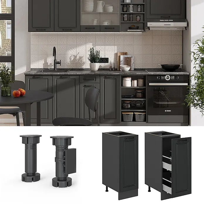 Vicco Schrankküche R-Line Anthrazit Landhaus AP Marmor - Anthrazit Landhaus, Apothekerunterschrank 30 cm, AP Marmor - Anthrazitfarbene moderne Küchenschränke mit Unter- und Oberschränken, integrierten Geräten und funktionalen Innenlösungen.