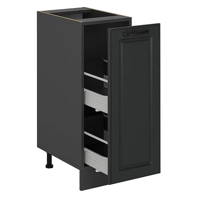Vicco Schrankküche R-Line Anthrazit Landhaus AP Marmor - Anthrazit Landhaus, Apothekerunterschrank 30 cm, AP Marmor - Dunkelgrauer Küchenunterschrank mit offener Tür, der zwei weiße Auszugschubladen und verstellbare Füße zeigt.