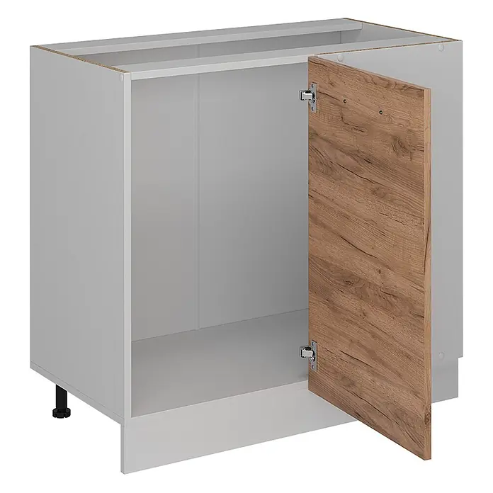 Vicco Schrankküche R-Line Goldkraft Eiche ohne Arbeitsplatte - Goldkraft Eiche, Eckunterschrank 86 cm - Heller grauer Unterschrank mit offenem Fach und einer Holzoptik Tür an Scharnieren. Mit verstellbaren Füßen.
