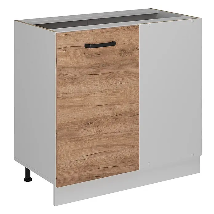 Vicco Schrankküche R-Line Goldkraft Eiche ohne Arbeitsplatte - Goldkraft Eiche, Eckunterschrank 86 cm - Heller grauer Küchenunterschrank mit Holzdekor-Tür und schwarzem Griff, zur Aufbewahrung.
