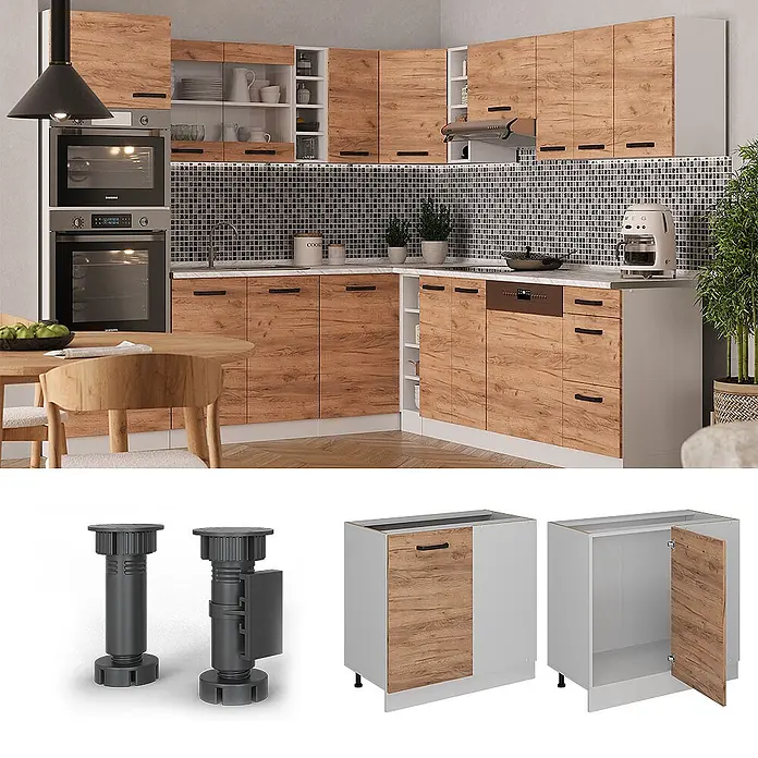 Vicco Schrankküche R-Line Goldkraft Eiche ohne Arbeitsplatte - Goldkraft Eiche, Eckunterschrank 86 cm - Modernes Küchensystem mit Holzoptik-Schränken, weißen Rahmen, verstellbaren Füßen und Unterschränken.