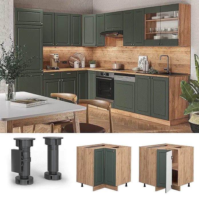 Vicco Schrankküche Fame-Line Grün-Gold Landhaus ohne Arbeitsplatte - Grün-Gold Landhaus, Eckunterschrank - Modulare dunkelgrüne Küchenschränke mit Holzoptik-Akzenten, inklusive Unter-, Ober- und Eckschränken, mit verstellbaren Füßen gezeigt.