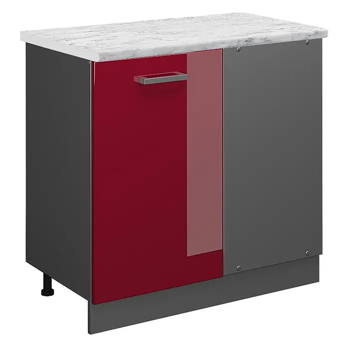 Vicco Schrankküche R-Line Rot Hochglanz AP Marmor - Rot Hochglanz, Eckunterschrank 86 cm, AP Marmor - Moderner Küchenunterschrank mit roter Tür, grauem Korpus, weißer Marmor-Arbeitsplatte und elegantem Silbergriff.