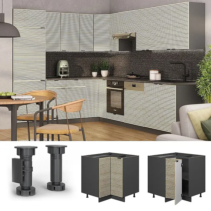 Vicco Schrankküche Fame-Line Eiche Paneel ohne Arbeitsplatte - Eiche Paneel, Eckunterschrank - Moderne Küche mit cremefarbenen horizontal gestreiften Schränken, dunkelgrauen Rahmen und verstellbaren Füßen. Eckunterschrank offen und geschlossen.