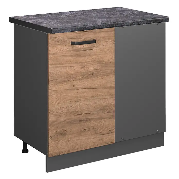 Vicco Schrankküche R-Line Goldkraft Eiche, AP Anthrazit - Goldkraft Eiche, Eckunterschrank 86 cm, AP Anthrazit - Dunkelgrauer Küchenschrank mit Holztür und dunkler Arbeitsplatte.