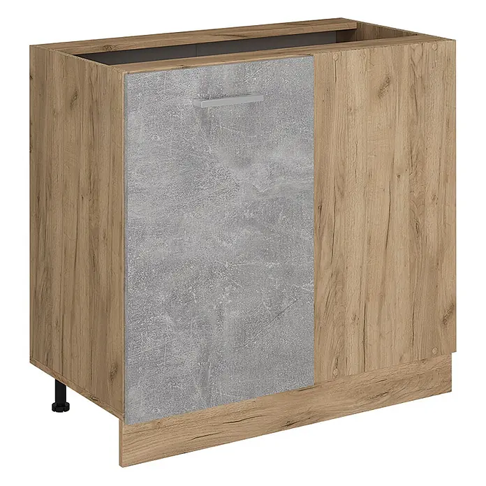 Vicco Schrankküche R-Line Beton ohne Arbeitsplatte - Beton, Eckunterschrank 86 cm - Küchenunterschrank mit hellem Holzdekor-Korpus und grauer Betonoptik-Tür mit silbernem Griff. Mit verstellbaren Füßen.