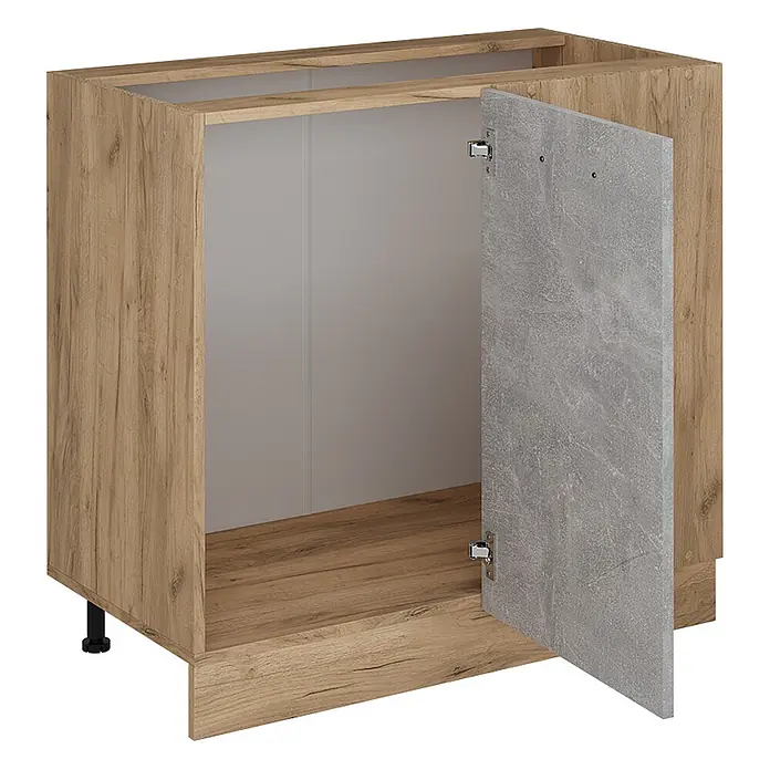 Vicco Schrankküche R-Line Beton ohne Arbeitsplatte - Beton, Eckunterschrank 86 cm - Heller Holz-Unterschrank mit geöffneter Tür in Betonoptik, Innenseite sichtbar, auf schwarzen Verstellfüßen.