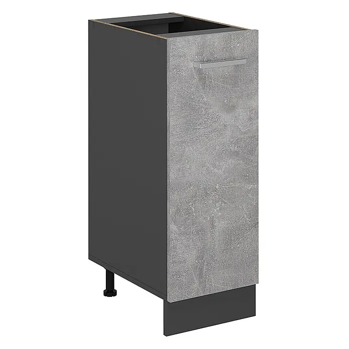 Vicco Schrankküche R-Line Beton ohne Arbeitsplatte - Beton, Apothekerunterschrank 30 cm - Dunkelgrauer Küchenunterschrank mit grauer Betonoptikfront, silbernem Griff und Sockelleiste.
