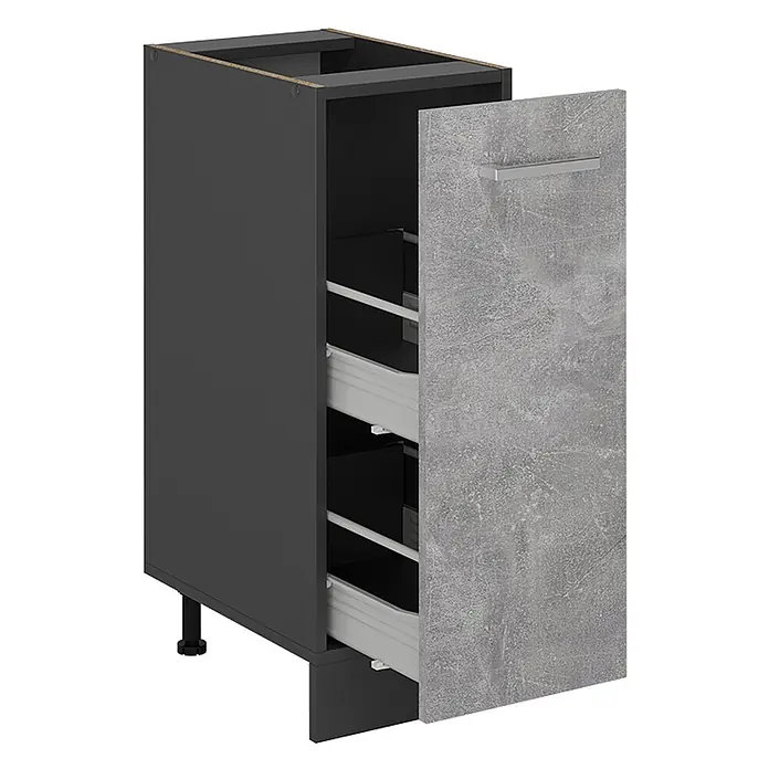 Vicco Schrankküche R-Line Beton ohne Arbeitsplatte - Beton, Apothekerunterschrank 30 cm - Dunkelgrauer Küchenunterschrank mit zwei hellgrauen Auszügen in Betonoptik, einer mit silbernem Griff.