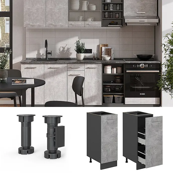 Vicco Schrankküche R-Line Beton ohne Arbeitsplatte - Beton, Apothekerunterschrank 30 cm - Moderne Küche mit hellgrauen Betonoptik-Schränken, dunkler Arbeitsplatte und integriertem Ofen. Zeigt auch schwarze, verstellbare Beine und einen schmalen Auszugsunterschrank.
