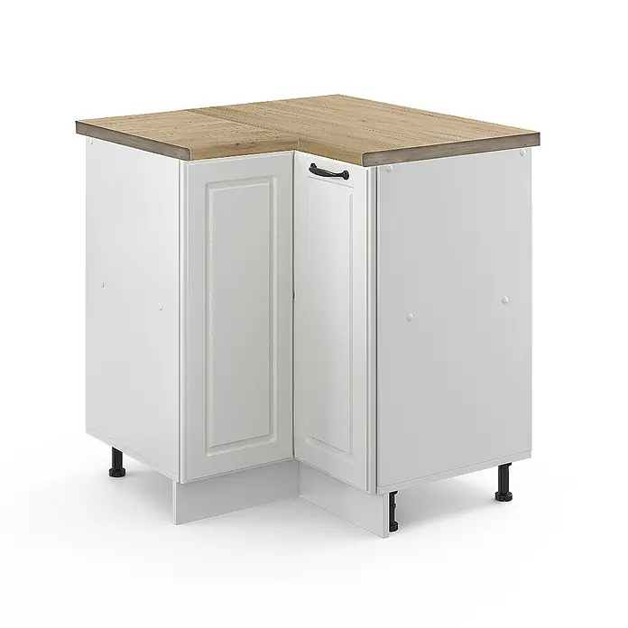 Vicco Schrankküche R-Line Weiß Landhaus, AP Eiche - Weiß Landhaus, Eckunterschrank - Weißer Eckunterschrank für die Küche mit heller Holzplatte, zwei Türen und verstellbaren Füßen.