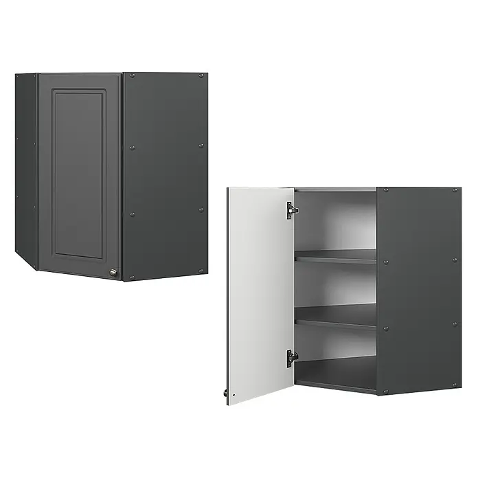 Vicco Schrankküche Fame-Line Anthrazit-Gold Landhaus - Anthrazit-Gold Landhaus, Eckhängeschrank 57 cm - Dunkelgrauer Eckwandschrank mit hellgrauer Tür und Innenregalen.