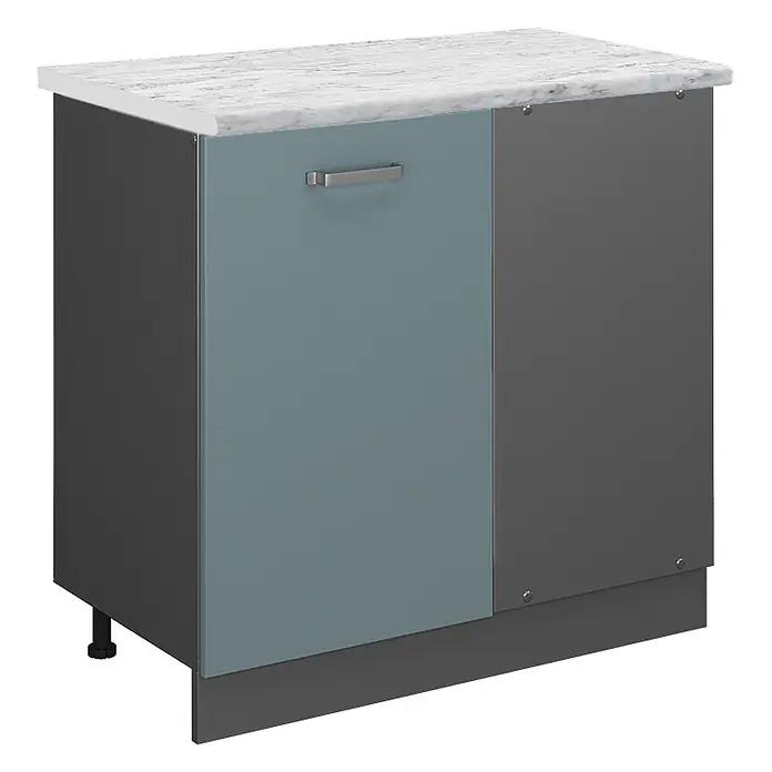 Vicco Schrankküche R-Line Blau-Grau AP Marmor - Blau-Grau, Eckunterschrank 86 cm, AP Marmor - Zweifarbiger Küchenunterschrank mit weißer Marmoroptik-Arbeitsplatte, blaugrauer Tür mit Griff und dunkelgrauen Paneelen.