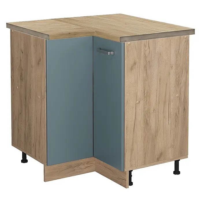 Vicco Schrankküche R-Line Blau-Grau, AP Eiche - Blau-Grau, Eckunterschrank, AP Eiche - Eckunterschrank für die Küche in Holzoptik mit hellblauen Türen und Arbeitsplatte.