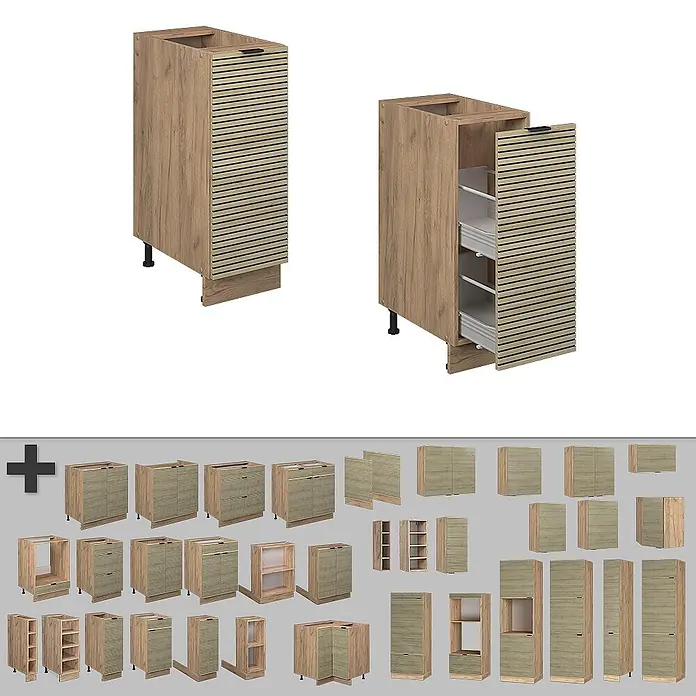 Vicco Schrankküche Fame-Line Eiche Paneel ohne Arbeitsplatte - Eiche Paneel, Apothekerunterschrank 30 cm - Modulare Küchenschränke in heller Holzoptik mit Lamellenfronten, inklusive Einheiten mit Türen, Schubladen und offenen Regalen.