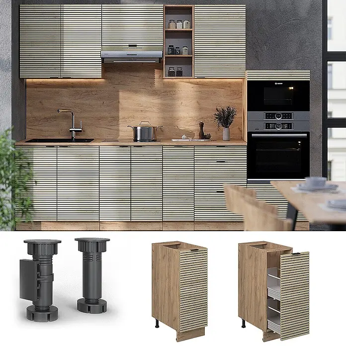 Vicco Schrankküche Fame-Line Eiche Paneel ohne Arbeitsplatte - Eiche Paneel, Apothekerunterschrank 30 cm - Modulares Küchensystem mit hellen Holzoptik-Schränken, horizontalen Lamellenfronten, verstellbaren Füßen und einem Auszugsschrank.