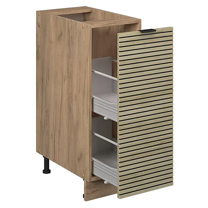 Vicco Schrankküche Fame-Line Eiche Paneel ohne Arbeitsplatte - Eiche Paneel, Apothekerunterschrank 30 cm - Hölzerner Unterschrank mit gerillter Tür und zwei weißen Auszügen.
