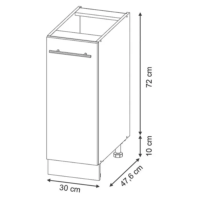 Vicco Schrankküche Fame-Line Eiche Paneel ohne Arbeitsplatte - Eiche Paneel, Apothekerunterschrank 30 cm - Strichzeichnung eines Küchenunterschranks mit Schubladenblende, verstellbaren Füßen und Maßen: 30x47,6x72 cm (Korpus) + 10 cm (Beine).