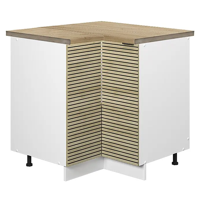 Vicco Schrankküche Fame-Line Eiche Paneel, AP Eiche - Eiche Paneel, Eckunterschrank, AP Eiche - Weißer Eckunterschrank mit Holz-Optik-Arbeitsplatte und lamellierter Holz-Optik-Front, mit verstellbaren Füßen und Sockel.