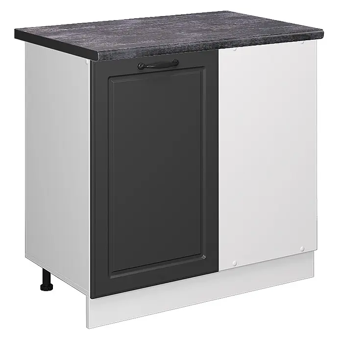 Vicco Schrankküche R-Line Anthrazit Landhaus, AP Anthrazit - Anthrazit Landhaus, Eckunterschrank 86 cm, AP Anthrazit - Moderner zweifarbiger Küchenunterschrank mit dunkelgrauer Kassettentür, schwarzem Griff, hellgrauen Seiten und dunkler Steineffekt-Arbeitsplatte.