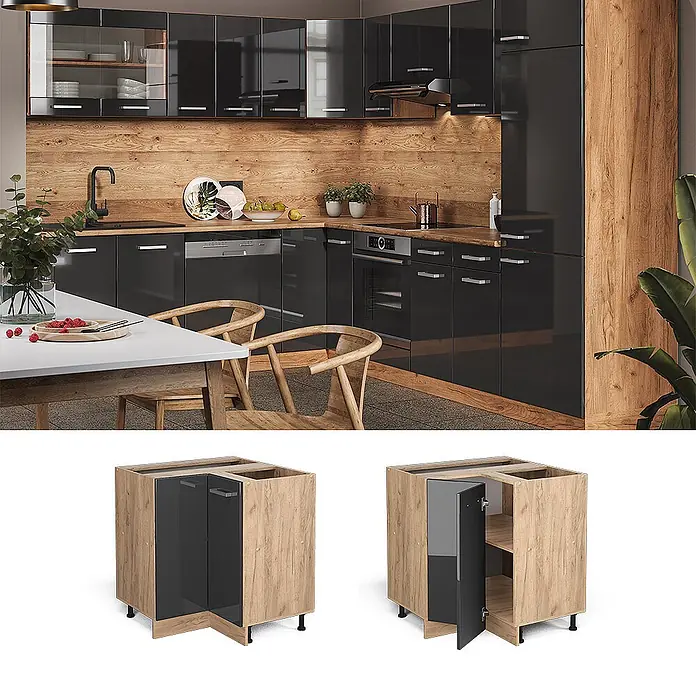Vicco Schrankküche R-Line Anthrazit Hochglanz AP Marmor - Anthrazit Hochglanz, Eckunterschrank, AP Marmor - Küchen-Eckunterschrank mit heller Holzoptik und glänzenden dunklen Türen, geschlossen und offen mit Einlegeböden gezeigt.