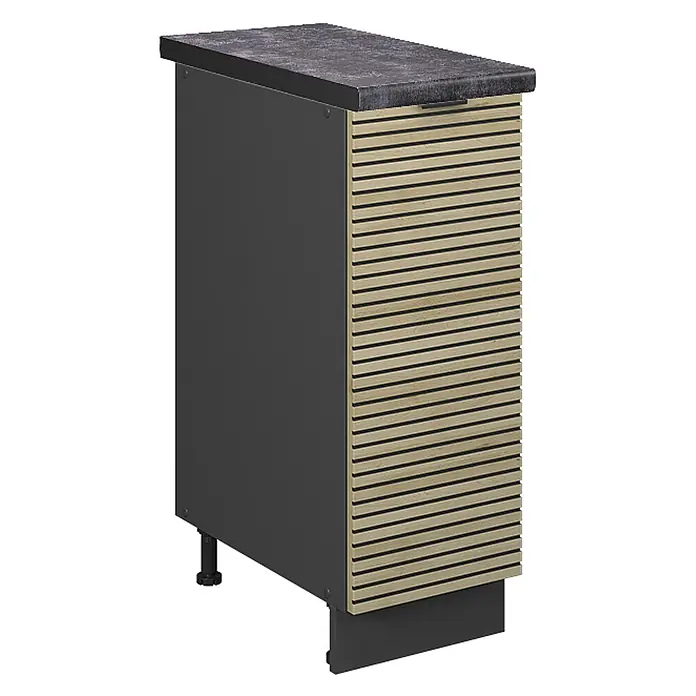 Vicco Schrankküche Fame-Line Eiche Paneel, AP Anthrazit - Eiche Paneel, Apothekerunterschrank 30 cm, AP Anthrazit - Hoher dunkelgrauer Schrank mit heller Holzlamellentür und dunkler Arbeitsplatte.