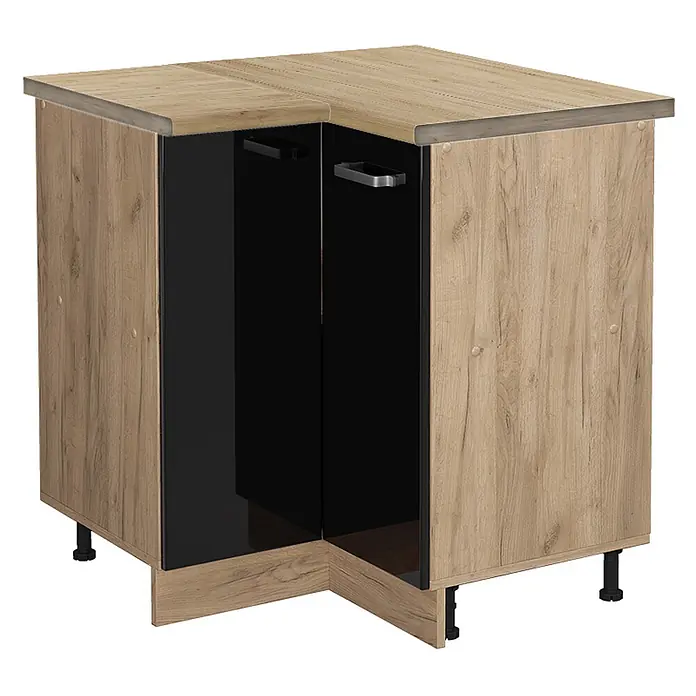 Vicco Schrankküche R-Line Schwarz Hochglanz, AP Eiche - Schwarz Hochglanz, Eckunterschrank, AP Eiche - Eckunterschrank für die Küche in hellem Holzdekor, mit schwarzen Hochglanztüren und passender Arbeitsplatte, auf verstellbaren Füßen.