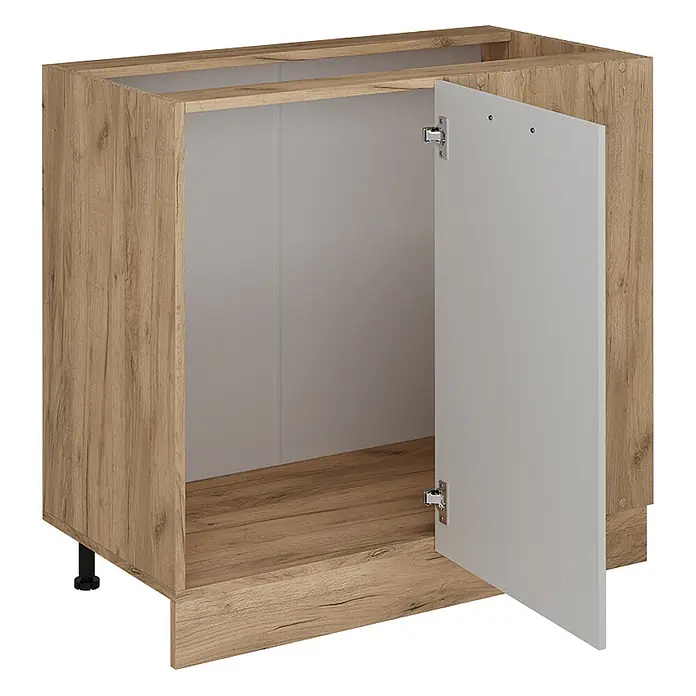 Vicco Schrankküche R-Line Weiß Landhaus ohne Arbeitsplatte - Breite: 86 cm, Weiß Landhaus, Eckunterschrank 86 cm - Unterschrank in Holzoptik mit hellgrauer offener Tür, zeigt Innenraum und verstellbare schwarze Füße.