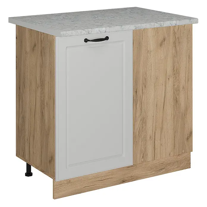 Vicco Schrankküche R-Line Weiß Landhaus AP Marmor - Breite: 86 cm, Weiß Landhaus, Eckunterschrank 86 cm - Küchenunterschrank in Holzoptik mit hellgrauer Kassettentür, schwarzem Griff und gesprenkelter Arbeitsplatte.